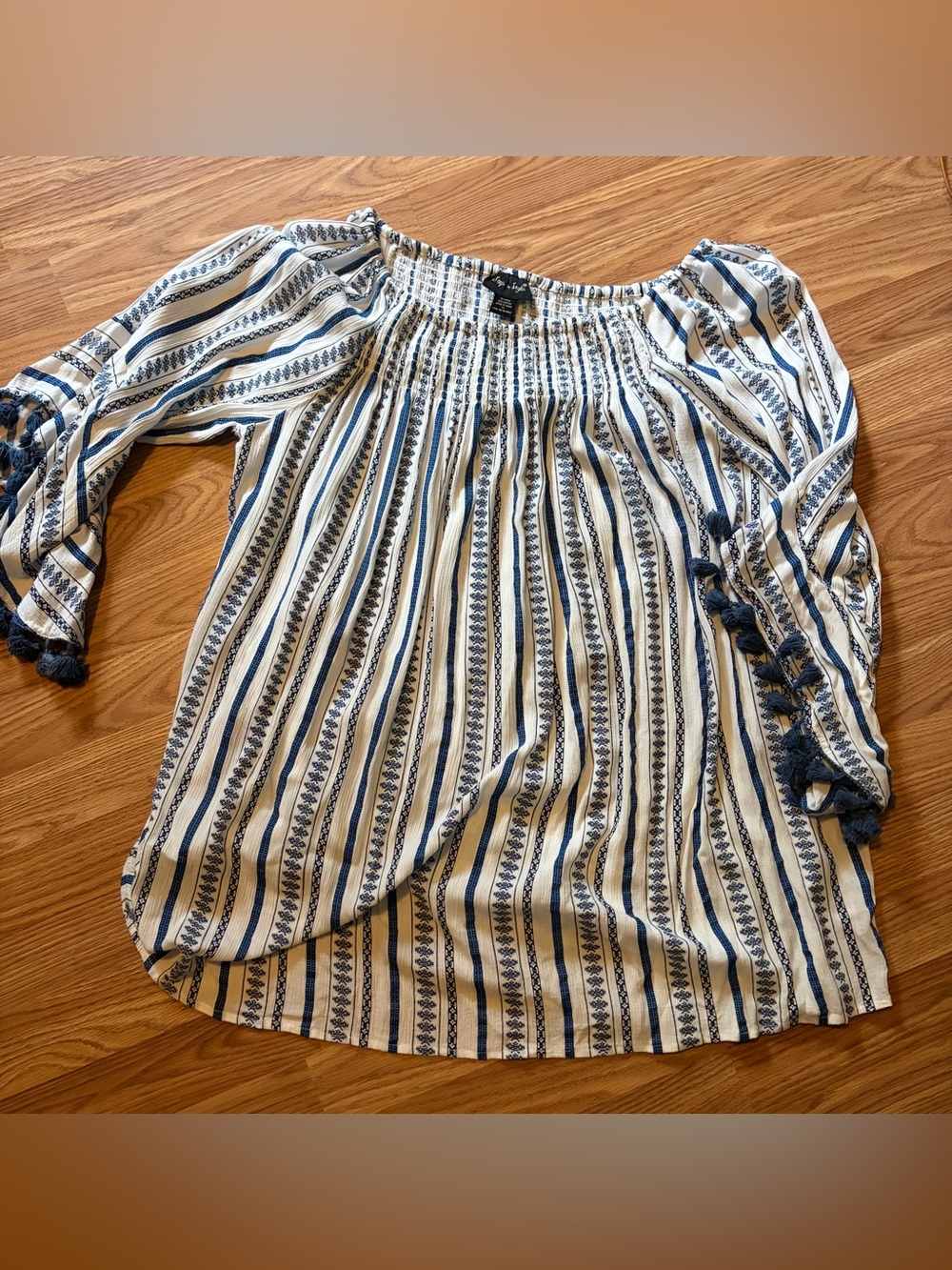 Striped Off-Shoulder Smocked Tunic with Navy Tassel Detail